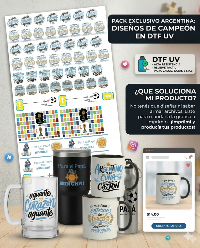Mega Pack DTF para Tazas | Frases Argentinas, Fútbol, Mundial 2026 y Día del Padre