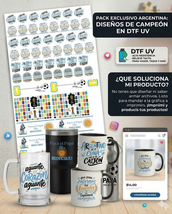 Mega Pack DTF para Tazas | Frases Argentinas, Fútbol, Mundial 2026 y Día del Padre